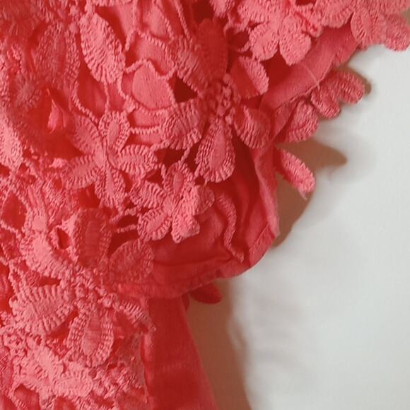 Kori America Women's. Orange short sleeve top with Crochet overlay. Medium - Picture 4 of 8